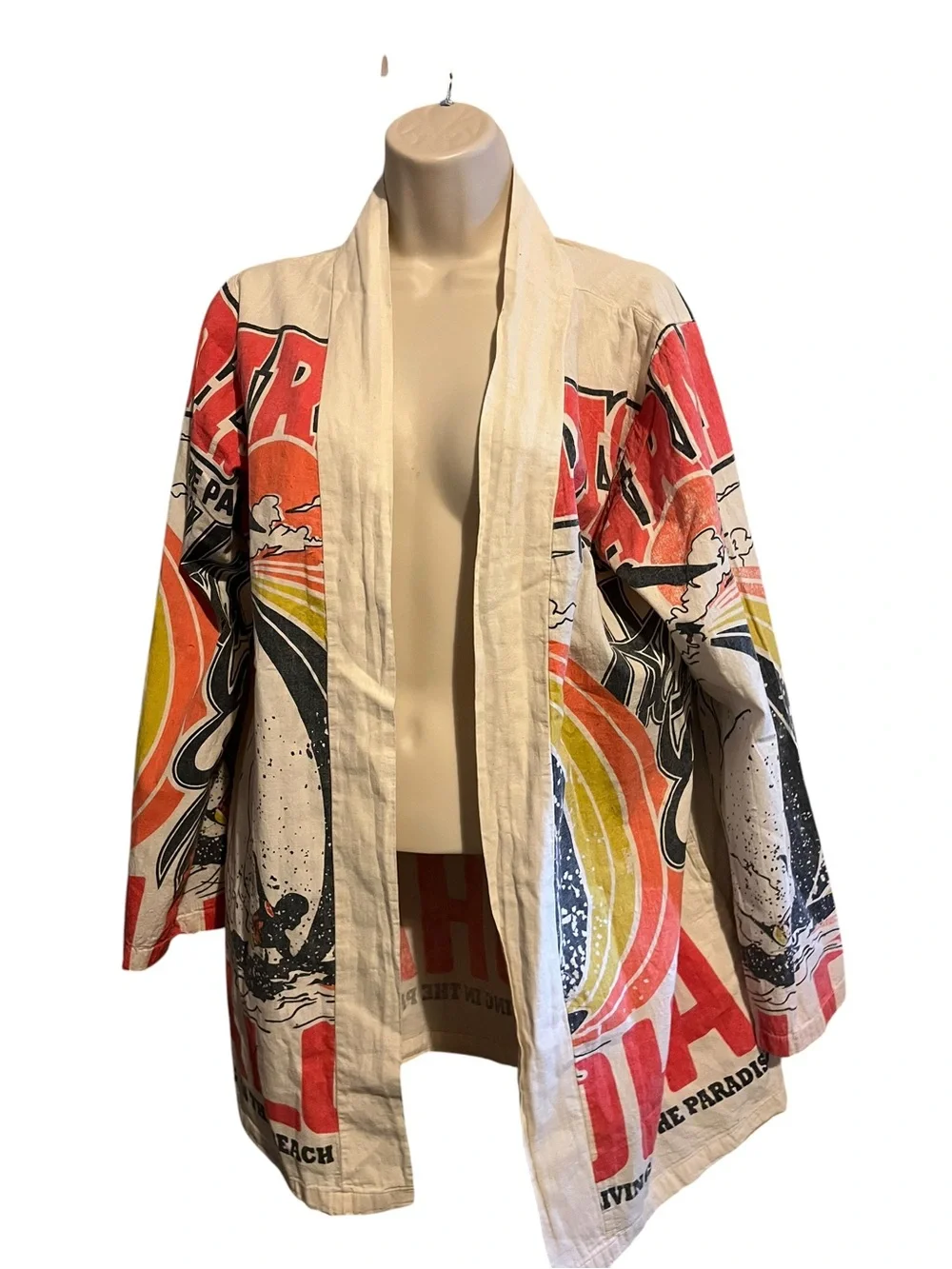 Vintage Graphic Beach Kimono Jacket - Cream with Red & Orange Print - Picture 3 of 8